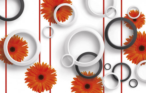 Оранжевые цветы и черно-белые круги